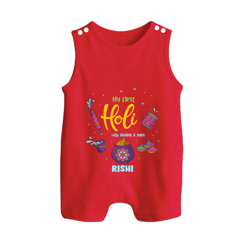 My First Holi - A Colorful Start To Celebrations With Our Customized Romper Suit For Babies With Name - RED - 0 - 5 Months Old (Chest 18")