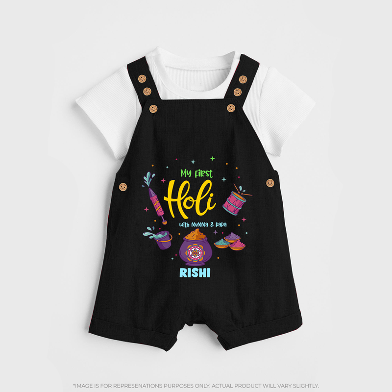 My First Holi - A Colorful Start To Celebrations With Our Customized Dungaree Set For Kids With Name - BLACK - 0 - 5 Months Old (Chest 18")