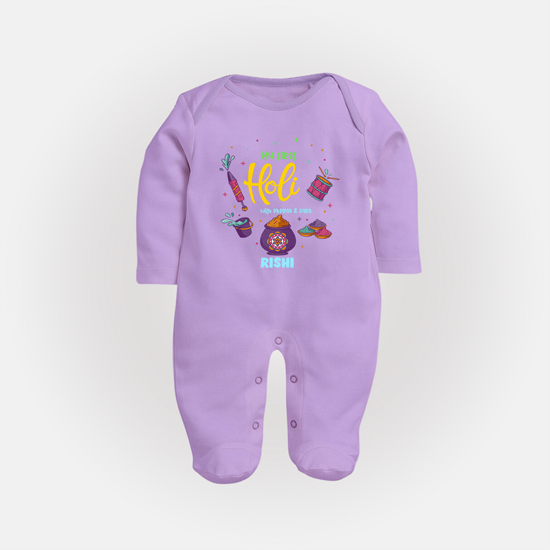 My First Holi - A Colorful Start To Celebrations With Our Customized Sleep Suit For Babies With Name - LILAC - New Born (Chest 7.5")