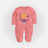 My First Holi - A Colorful Start To Celebrations With Our Customized Sleep Suit For Babies With Name - PEACH - New Born (Chest 7.5")