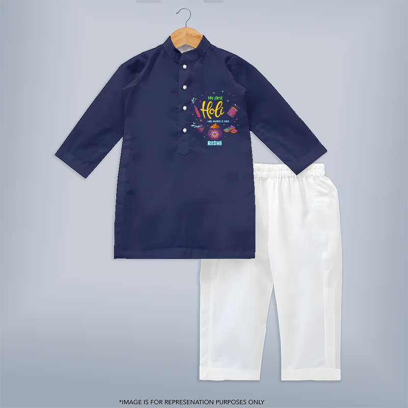 My First Holi - A Colorful Start To Celebrations With Our Customized Kurta For Kids With Name - NAVY BLUE - 3 - 6 Months Old (Chest 24", Kurta Length 14'', Waist 19", Pant Length 14")