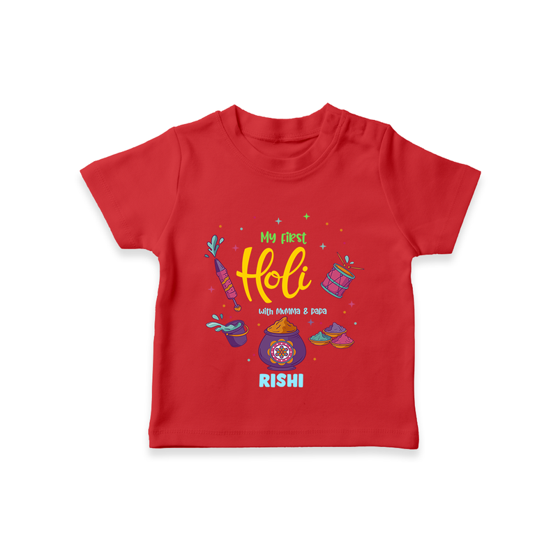 My First Holi - A Colorful Start To Celebrations With Our Customized T-Shirt For Kids With Name - RED - 0-5 Months Old (Chest 17")