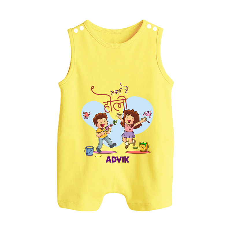 Happy Holi - Masti Mein Holi With Our Customized Romper Suit For Babies With Name - PASTEL YELLOW - 0 - 5 Months Old (Chest 18")