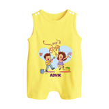 “Masti Mein Holi” Personalized Kids Romper Suit - PASTEL YELLOW - 0 - 5 Months Old (Chest 18")