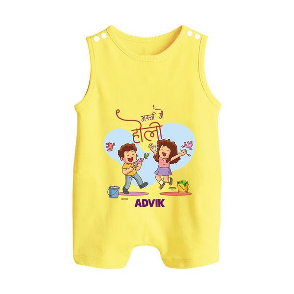 “Masti Mein Holi” Personalized Kids Romper Suit - PASTEL YELLOW - 0 - 5 Months Old (Chest 18")