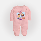 Happy Holi - Masti Mein Holi With Our Customized Sleep Suit For Babies With Name - BABY PINK - New Born (Chest 7.5")