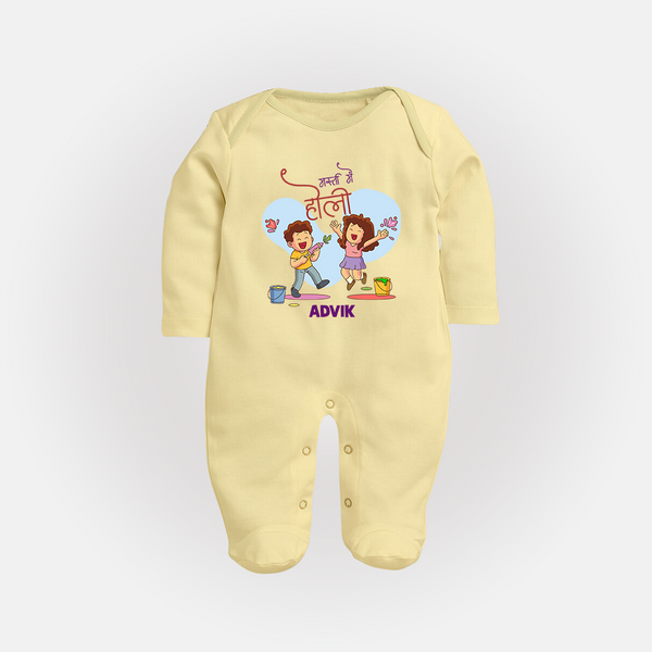 “Masti Mein Holi” Personalized Kids Fullbody Suit - PASTEL YELLOW - New Born (Chest 7.5")