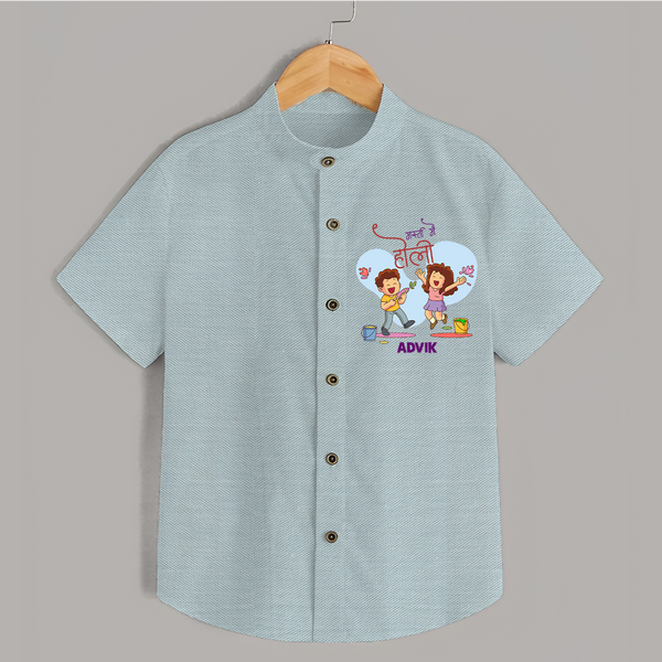 Happy Holi - Masti Mein Holi With Our Customized Shirt For Kids With Name - ARCTIC BLUE - 0 - 6 Months Old (Chest 23")