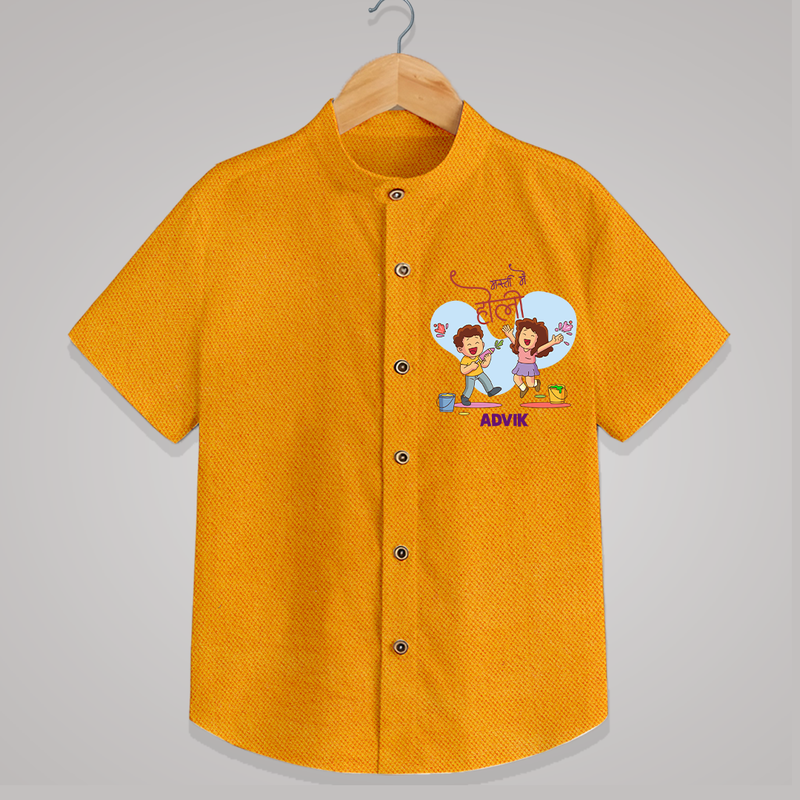 Happy Holi - Masti Mein Holi With Our Customized Shirt For Kids With Name - CHROME YELLOW - 0 - 6 Months Old (Chest 23")