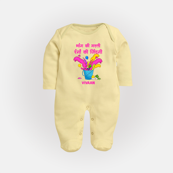 Happy Holi - Bhaang Ki Masti, Rangon Ki Zindagi With Our Customized Sleep Suit For Babies With Name - PASTEL YELLOW - New Born (Chest 7.5")