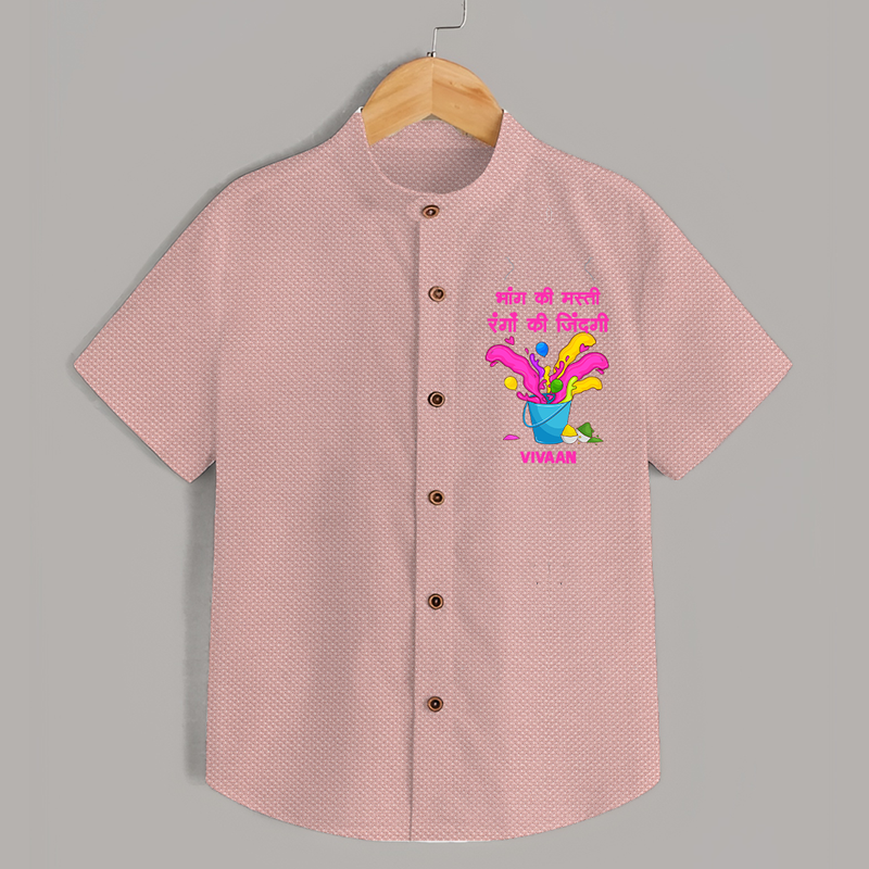 Happy Holi - Bhaang Ki Masti, Rangon Ki Zindagi With Our Customized Shirt For Kids With Name - PEACH - 0 - 6 Months Old (Chest 23")