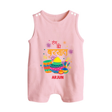 Happy Holi - Color Ki Barsaat With Our Customized Romper Suit For Babies With Name - BABY PINK - 0 - 5 Months Old (Chest 18")