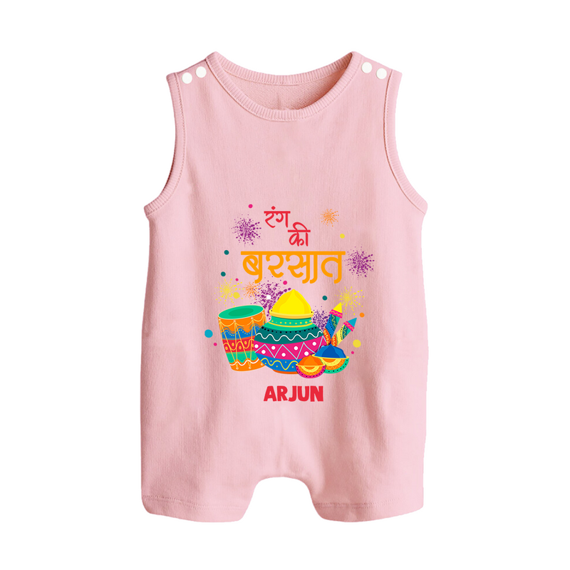 Happy Holi - Color Ki Barsaat With Our Customized Romper Suit For Babies With Name - BABY PINK - 0 - 5 Months Old (Chest 18")