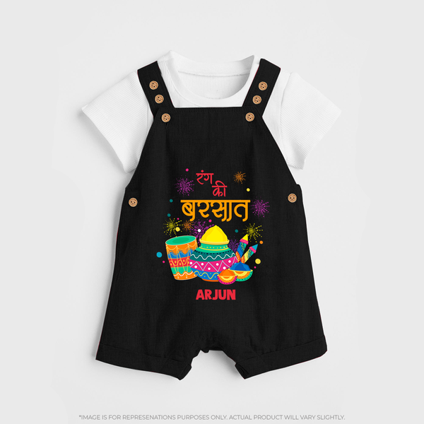 Happy Holi - Color Ki Barsaat With Our Customized Dungaree Set For Kids With Name - BLACK - 0 - 5 Months Old (Chest 18")