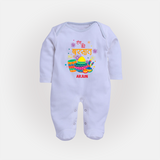 Happy Holi - Color Ki Barsaat With Our Customized Sleep Suit For Babies With Name - BABY BLUE - New Born (Chest 7.5")