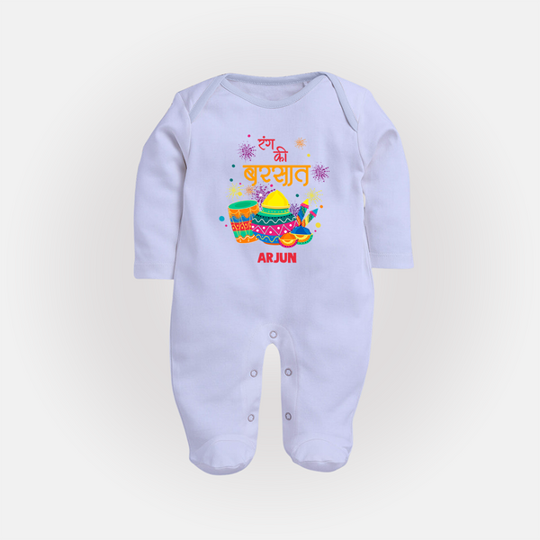 Happy Holi - Color Ki Barsaat With Our Customized Sleep Suit For Babies With Name - BABY BLUE - New Born (Chest 7.5")