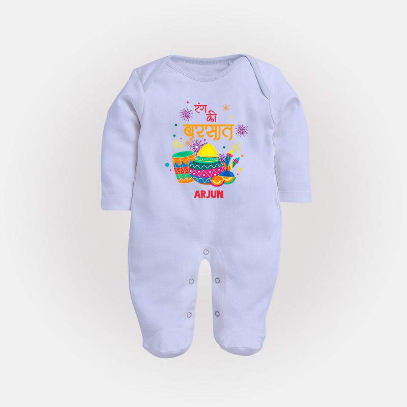 Happy Holi - Color Ki Barsaat With Our Customized Sleep Suit For Babies With Name - BABY BLUE - New Born (Chest 7.5")