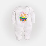 Happy Holi - Color Ki Barsaat With Our Customized Sleep Suit For Babies With Name - WHITE - New Born (Chest 7.5")