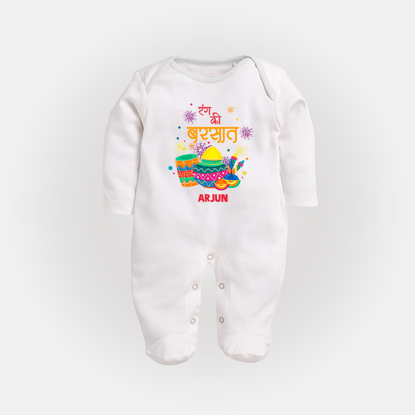 Happy Holi - Color Ki Barsaat With Our Customized Sleep Suit For Babies With Name - WHITE - New Born (Chest 7.5")