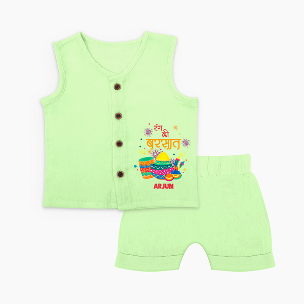 Happy Holi - Color Ki Barsaat With Our Customized Jabla Set For Babies With Name - PASTEL GREEN - 0 - 3 Months Old (Chest 9.8")