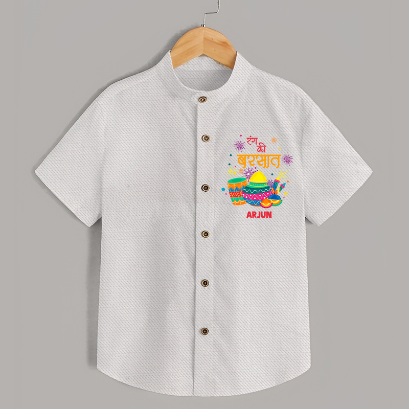 Happy Holi - Color Ki Barsaat With Our Customized Shirt For Kids With Name - WHITE - 0 - 6 Months Old (Chest 23")