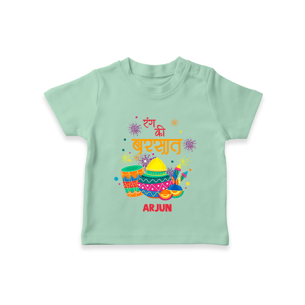 “Rang Ka Utsav” Personalized Kids Holi T-Shirt - MINT GREEN - 0-5 Months Old (Chest 17")