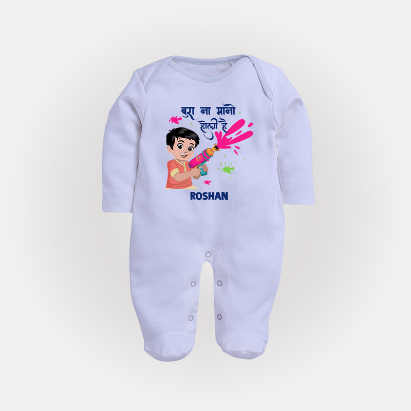 Happy Holi - Bura Na Mano, Holi Hai With Our Customized Sleep Suit For Babies With Name - BABY BLUE - New Born (Chest 7.5")