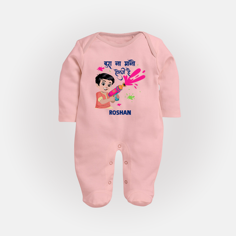 Happy Holi - Bura Na Mano, Holi Hai With Our Customized Sleep Suit For Babies With Name - BABY PINK - New Born (Chest 7.5")