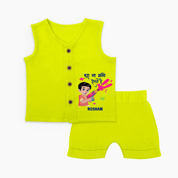 Happy Holi - Bura Na Mano, Holi Hai With Our Customized Jabla Set For Babies With Name - LIME - 0 - 3 Months Old (Chest 9.8")