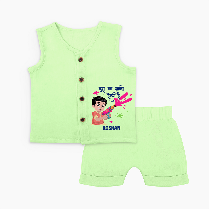 Happy Holi - Bura Na Mano, Holi Hai With Our Customized Jabla Set For Babies With Name - PASTEL GREEN - 0 - 3 Months Old (Chest 9.8")