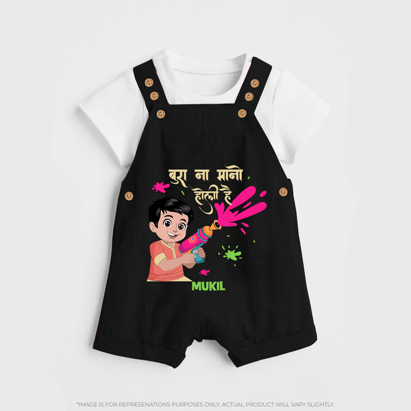 Happy Holi - Bura Na Mano, Holi Hai With Our Customized Dungaree Set For Kids With Name - BLACK - 0 - 5 Months Old (Chest 18")