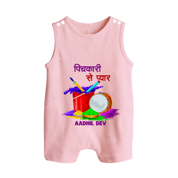 “Pichkari Se Pyaar” Personalized Kids Holi Romper Suit - BABY PINK - 0 - 5 Months Old (Chest 18")