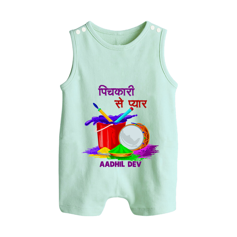 Happy Holi - Pichkari Se Pyaar With Our Customized Romper Suit For Babies With Name - MINT GREEN - 0 - 5 Months Old (Chest 18")