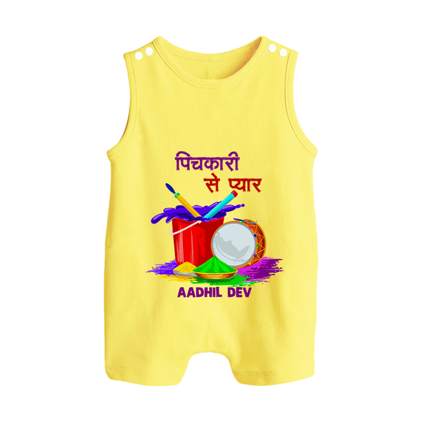 “Pichkari Se Pyaar” Personalized Kids Holi Romper Suit - PASTEL YELLOW - 0 - 5 Months Old (Chest 18")