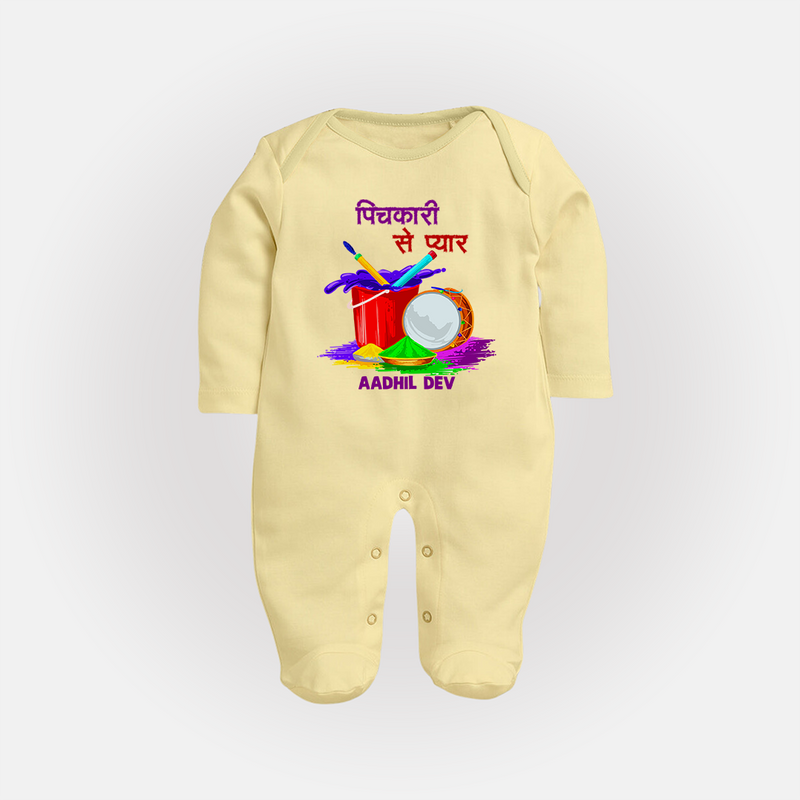 Happy Holi - Pichkari Se Pyaar With Our Customized Sleep Suit For Babies With Name - PASTEL YELLOW - New Born (Chest 7.5")