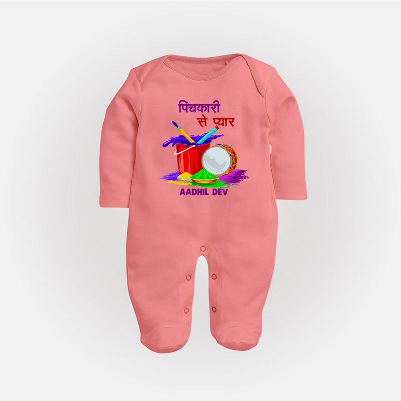 Happy Holi - Pichkari Se Pyaar With Our Customized Sleep Suit For Babies With Name - PEACH - New Born (Chest 7.5")