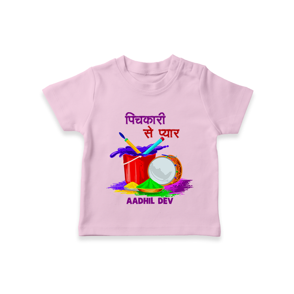 “Pichkari Se Pyaar” Personalized Kids Holi T-Shirt - BABY PINK - 0-5 Months Old (Chest 17")