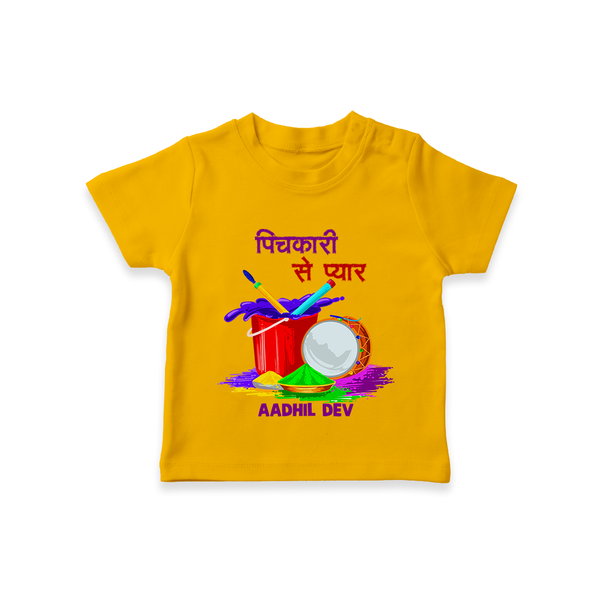 “Pichkari Se Pyaar” Personalized Kids Holi T-Shirt - CHROME YELLOW - 0-5 Months Old (Chest 17")
