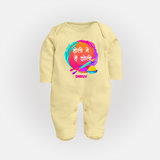 Happy Holi - Holi Mein Hai Jholi With Our Customized Sleep Suit For Babies With Name - PASTEL YELLOW - New Born (Chest 7.5")