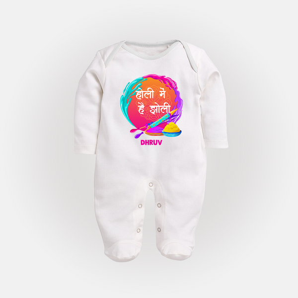 Happy Holi - Holi Mein Hai Jholi With Our Customized Sleep Suit For Babies With Name - WHITE - New Born (Chest 7.5")