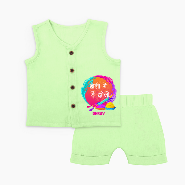 “Holi Pe Hai Dhoom” Personalized Kids Jabla Set - PASTEL GREEN - 0 - 3 Months Old (Chest 9.8")