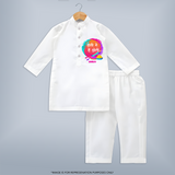 “Holi Pe Hai Dhoom” Personalized Kids Kurta - WHITE - 3 - 6 Months Old (Chest 24", Kurta Length 14'', Waist 19", Pant Length 14")