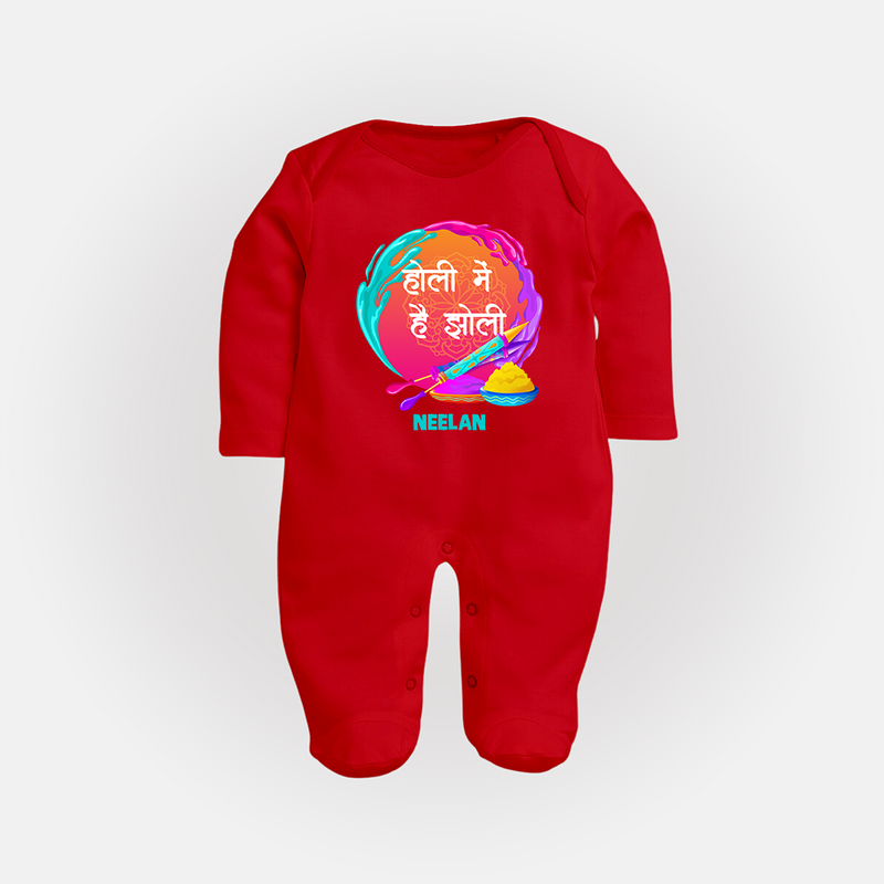 Happy Holi - Holi Mein Hai Jholi With Our Customized Sleep Suit For Babies With Name - RED - New Born (Chest 7.5")