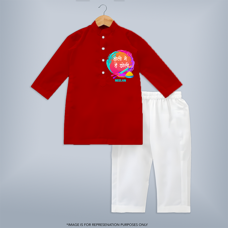 Happy Holi - Holi Mein Hai Jholi With Our Customized Kurta Set For Kids With Name - RED - 3 - 6 Months Old (Chest 24", Kurta Length 14'', Waist 19", Pant Length 14")