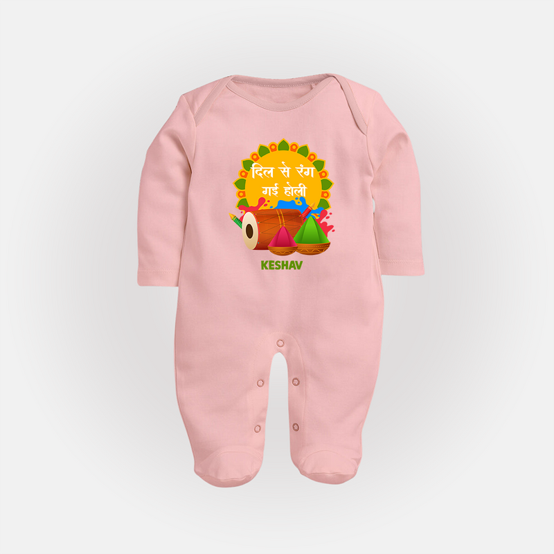 Happy Holi - Dil Se Rang Gayi Holi With Our Customized Sleep Suit For Babies With Name - BABY PINK - New Born (Chest 7.5")