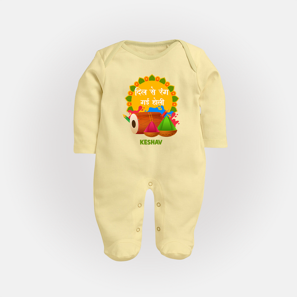 Happy Holi - Dil Se Rang Gayi Holi With Our Customized Sleep Suit For Babies With Name - PASTEL YELLOW - New Born (Chest 7.5")