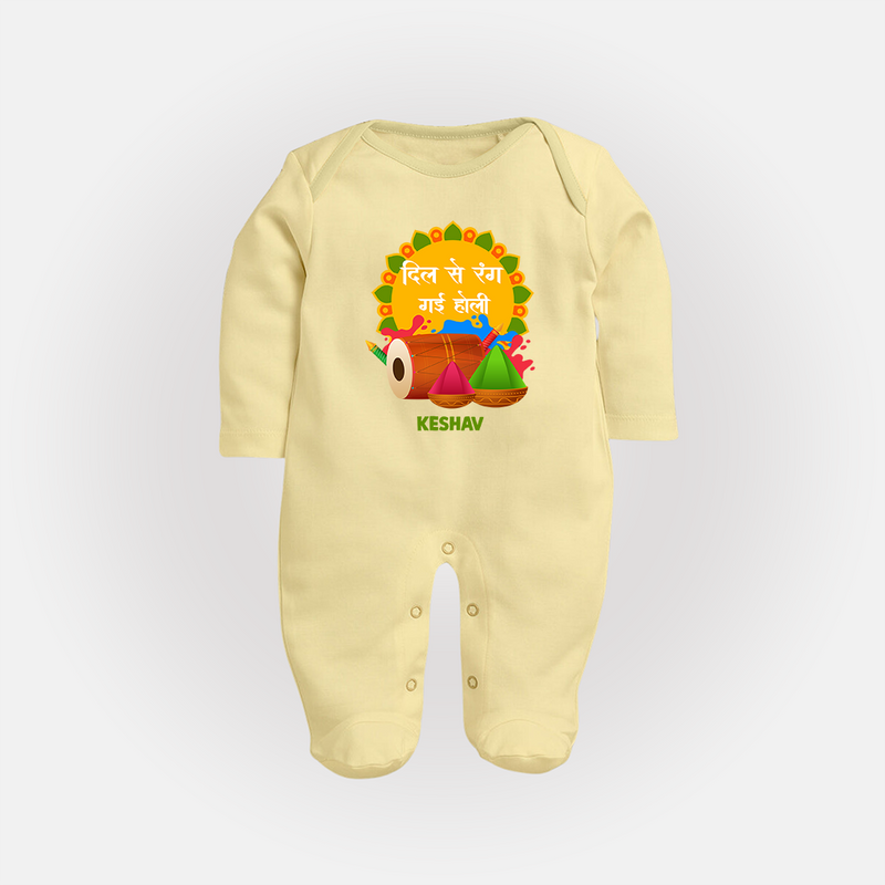 Happy Holi - Dil Se Rang Gayi Holi With Our Customized Sleep Suit For Babies With Name - PASTEL YELLOW - New Born (Chest 7.5")