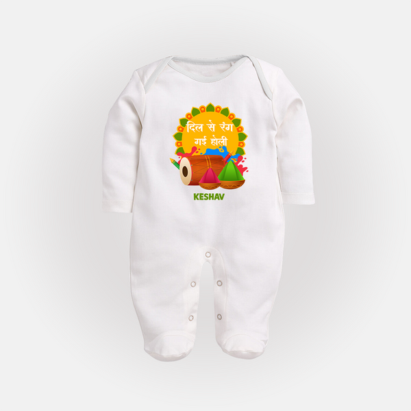 Happy Holi - Dil Se Rang Gayi Holi With Our Customized Sleep Suit For Babies With Name - WHITE - New Born (Chest 7.5")