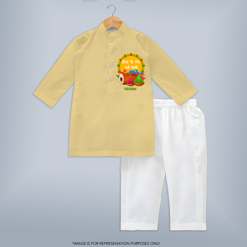 Happy Holi - Dil Se Rang Gayi Holi With Our Customized Kurta Set For Kids With Name - YELLOW - 3 - 6 Months Old (Chest 24", Kurta Length 14'', Waist 19", Pant Length 14")