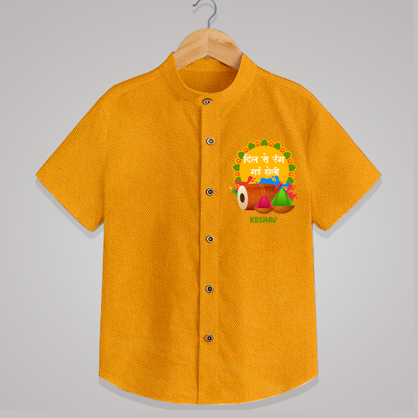 Traditional Holi Dhol & Colors Name Shirt - CHROME YELLOW - 0 - 6 Months Old (Chest 23")